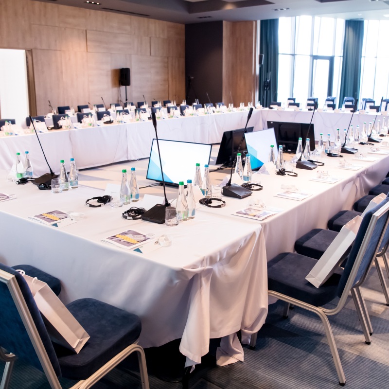 A press conference set up, one of the event management services provided by a public relations firm