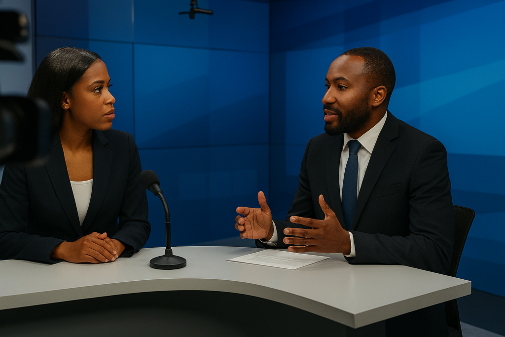 Executive and interviewer in a simulated media t